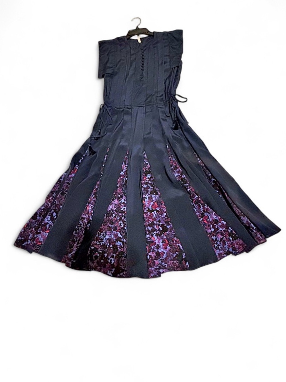 Rebecca Taylor sz 2 navy blue silk pleated midi dress purple floral contrast